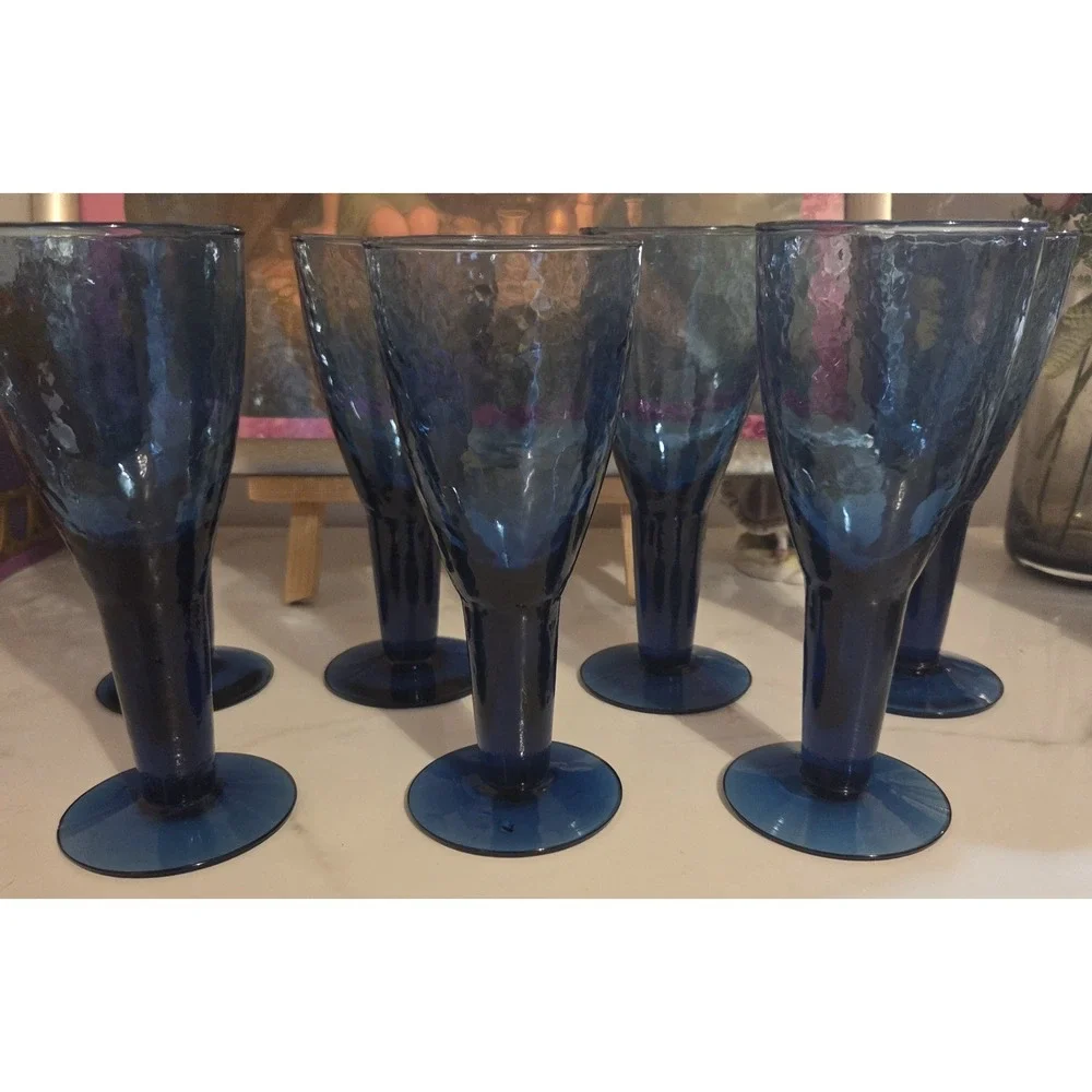 MEXICO GLASS BLUE HAMMERED GOBLETS WATER WINE STEMWARE SET 7